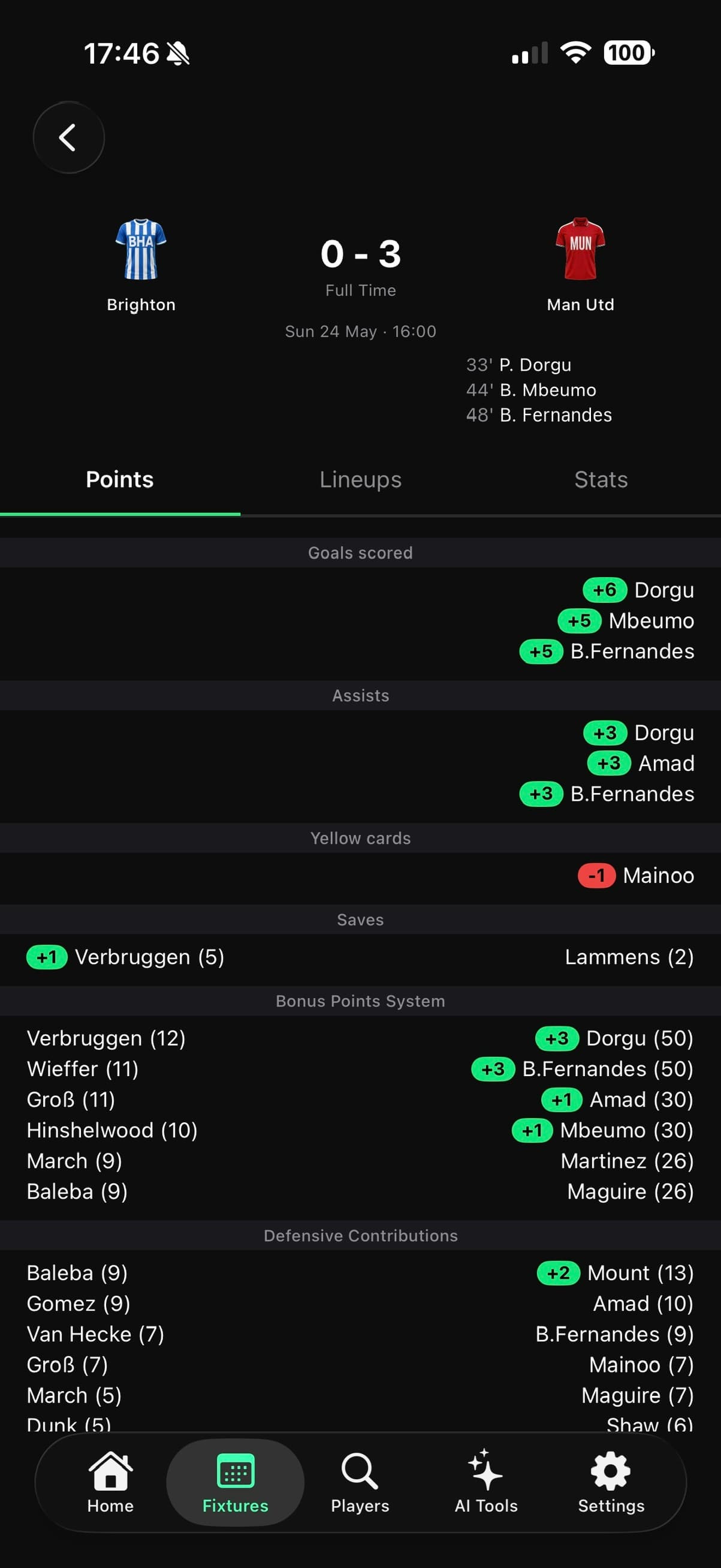 Live gameweek points breakdown
