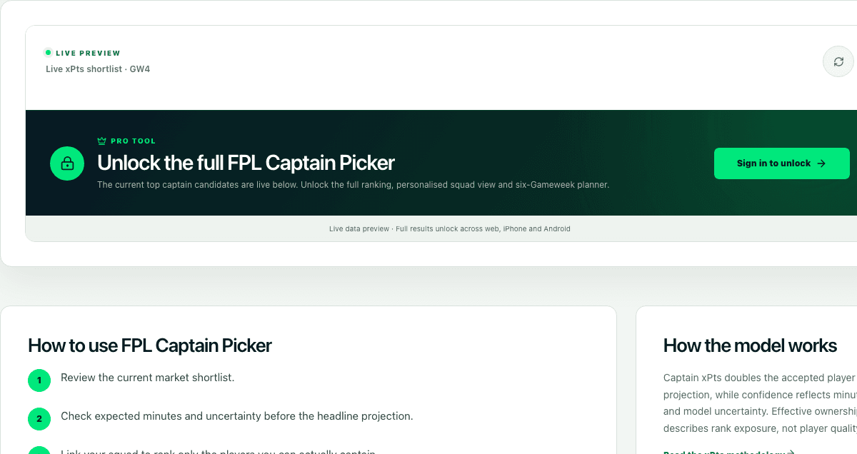 FPL Captain Picker interface preview