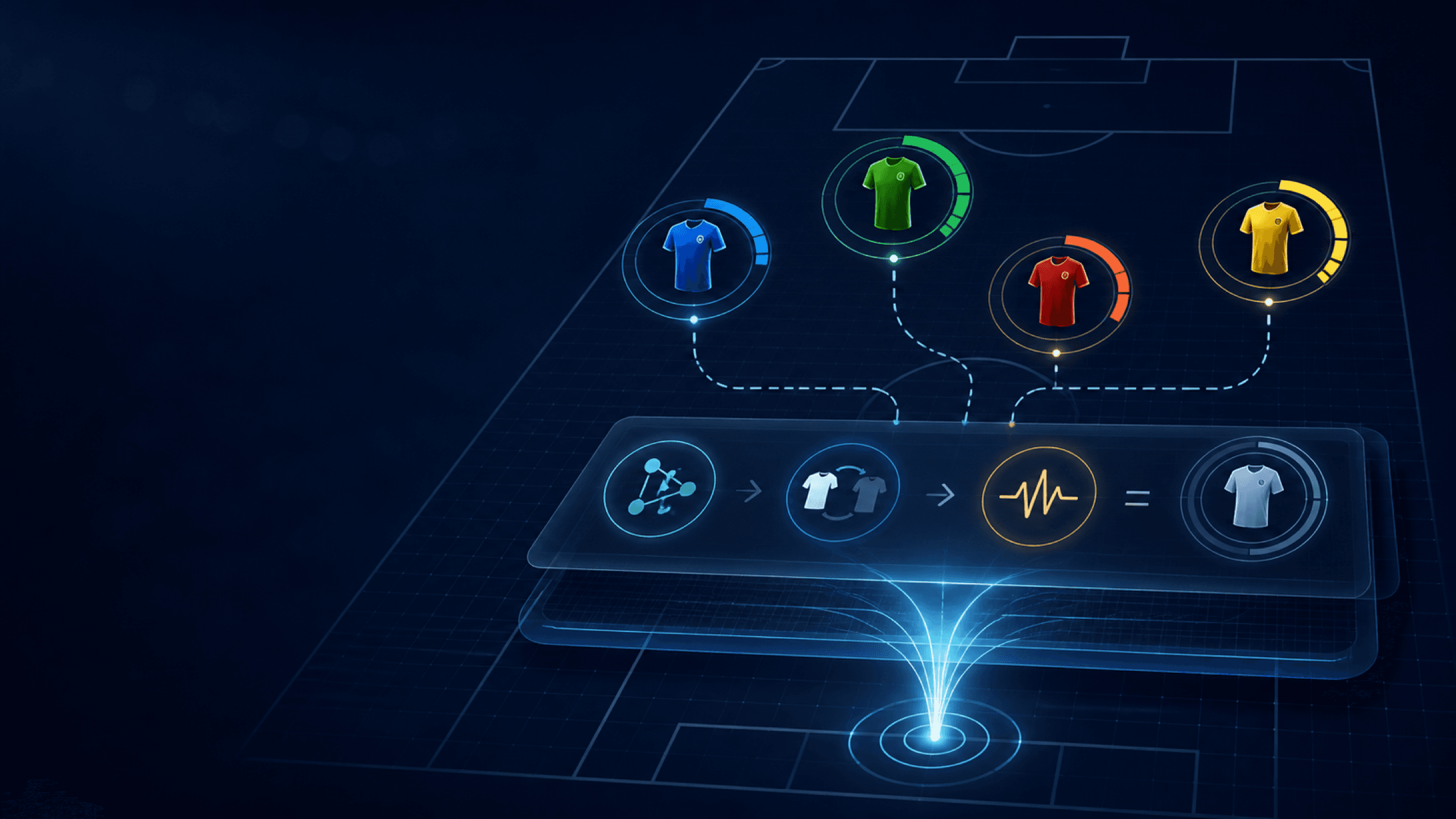 Four generic shirts with different playing-time arcs feed through availability and substitution symbols.