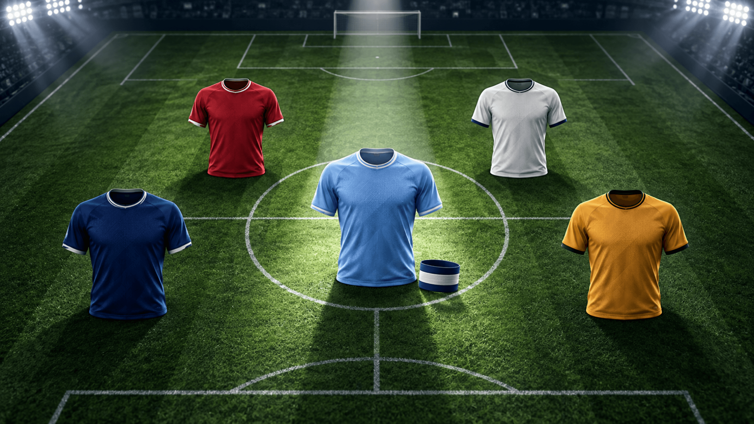 Five generic football shirts form a captaincy shortlist, with a pale-blue central shirt under a spotlight beside an armband.