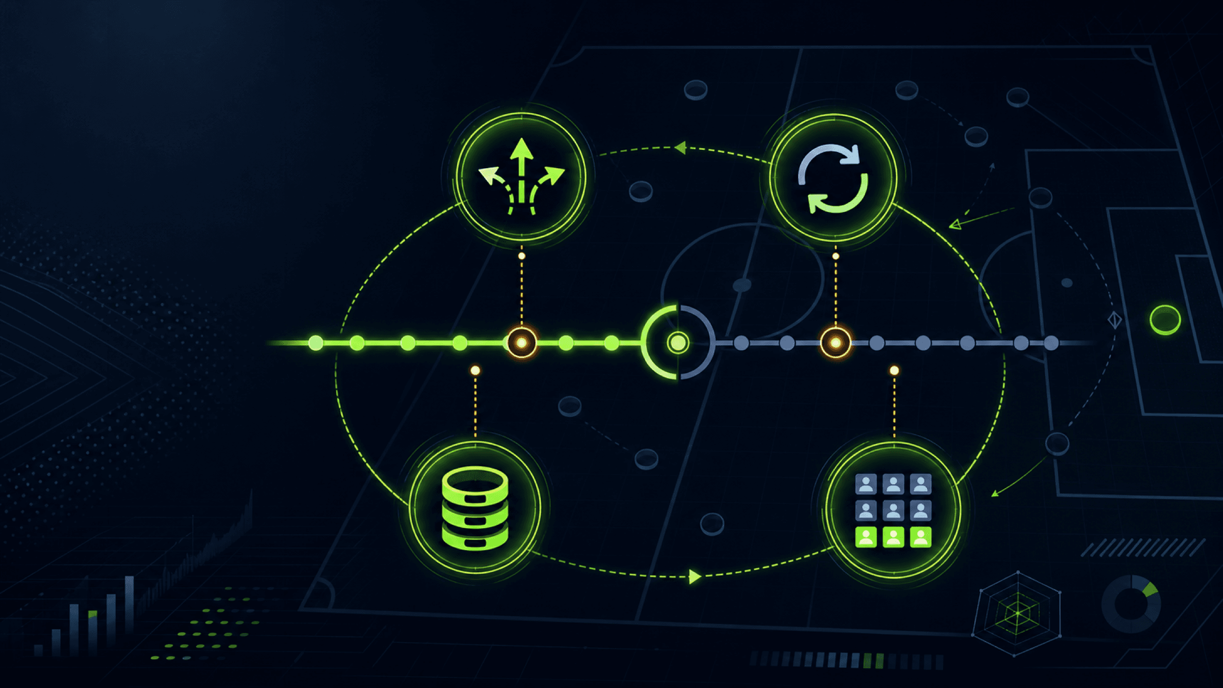Four abstract strategy tokens orbit a two-part season timeline on a dark tactical pitch.