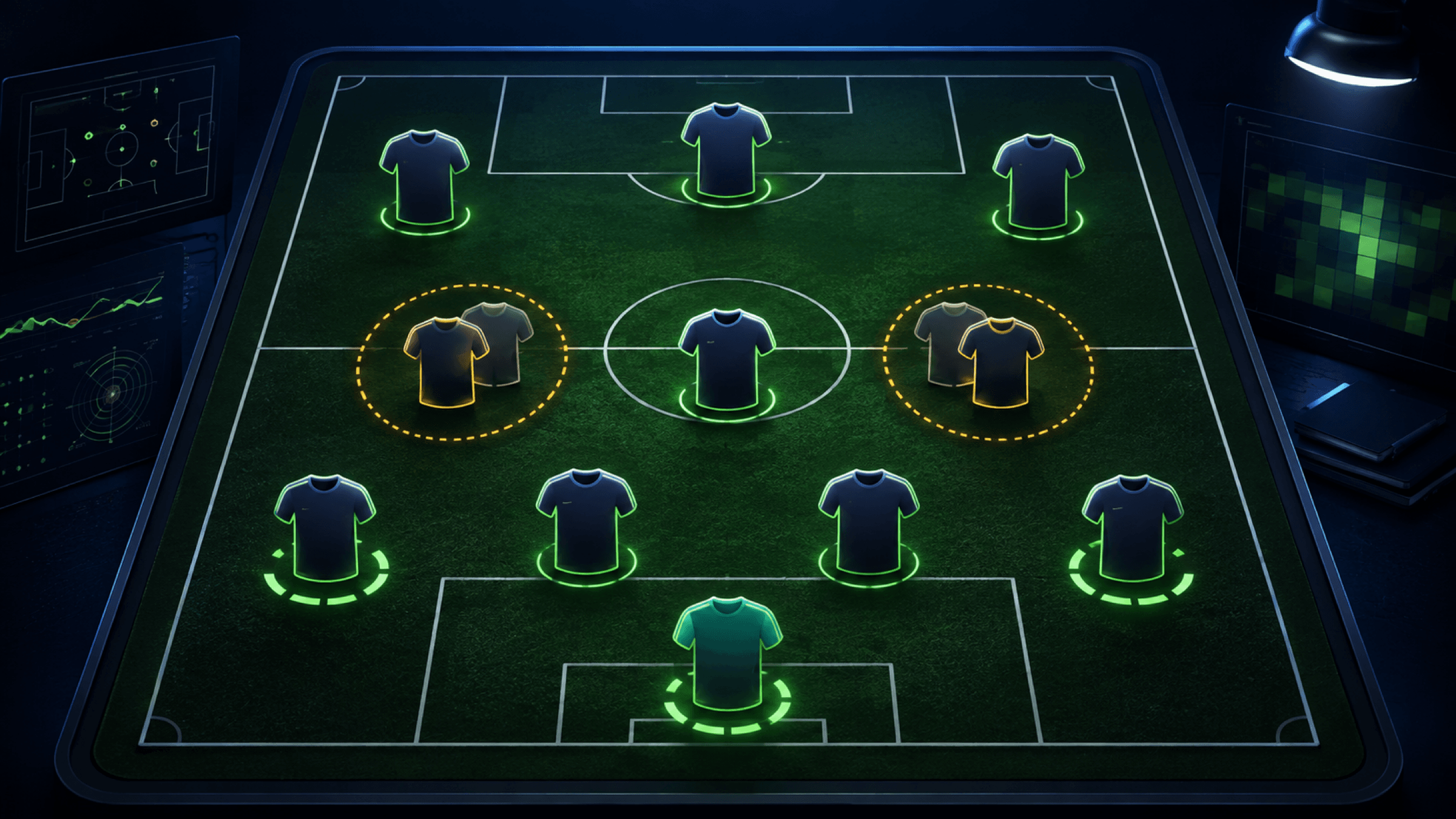 A top-down tactical pitch with eleven generic shirt markers and two amber overlapping positions showing selection doubt.