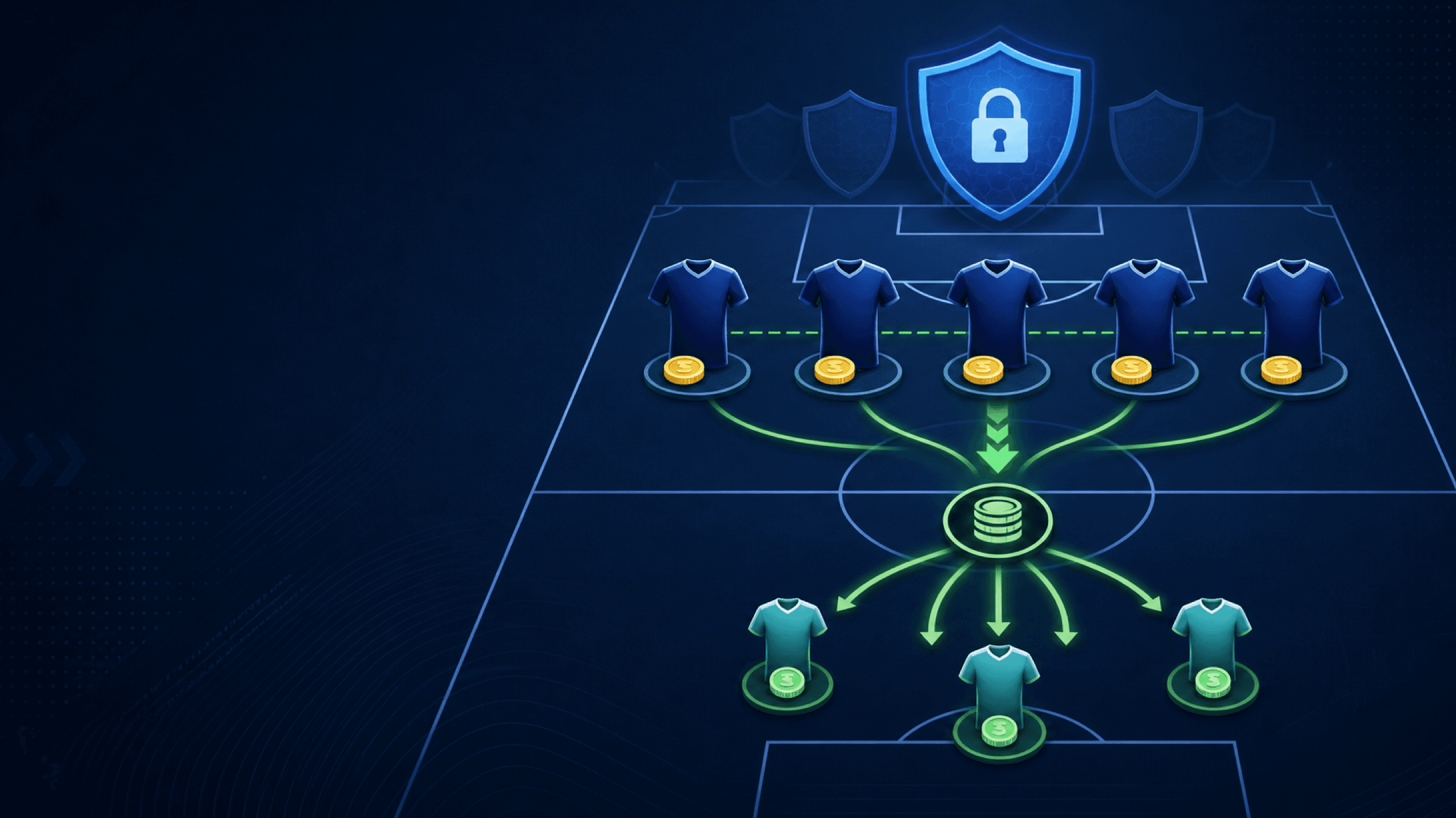 Five generic defensive shirts connect value tokens to money released elsewhere in a fantasy squad.