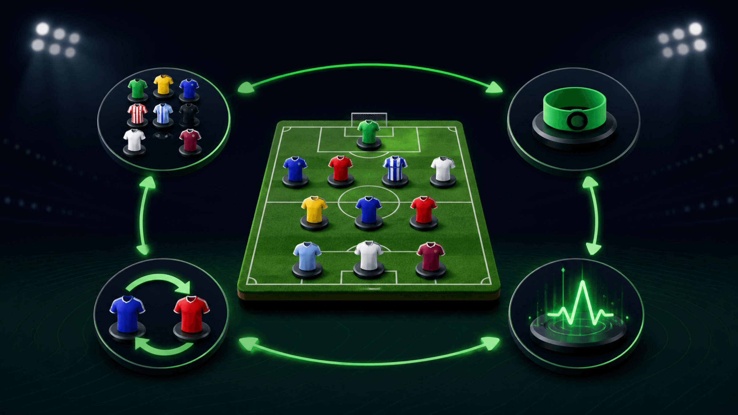 A fantasy squad on a pitch linked to icons for squad building, captaincy, transfers and performance points.