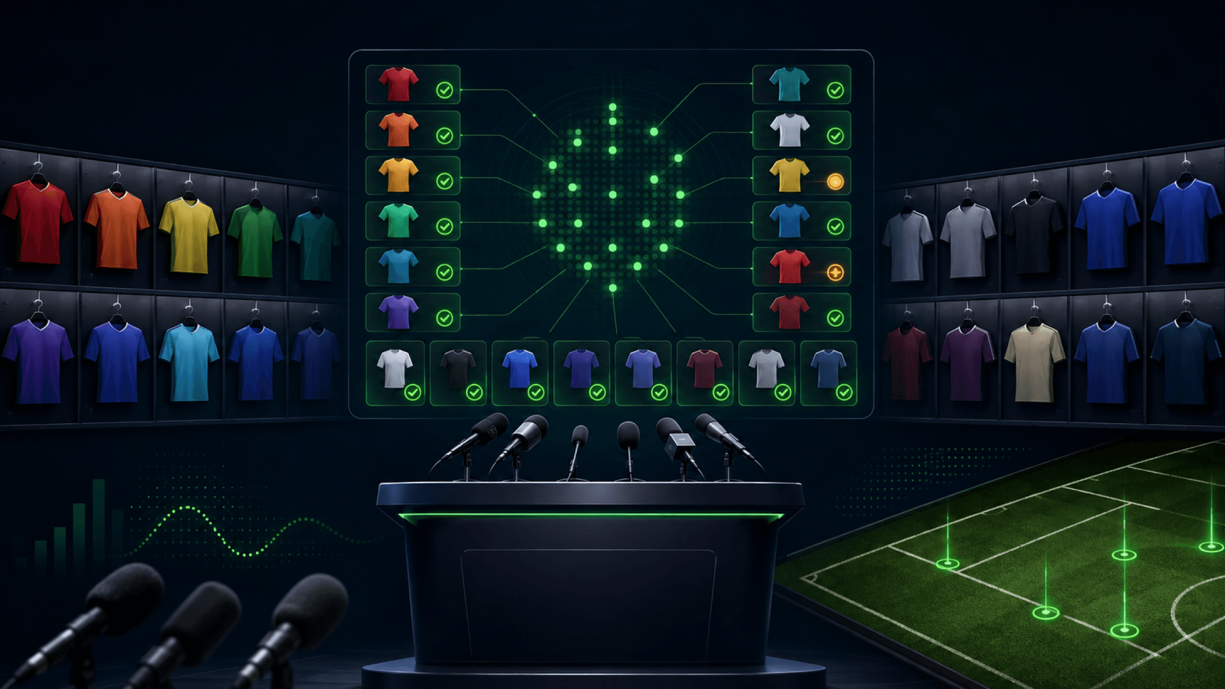 An empty football press-conference podium before a green status matrix and rows of generic shirts.