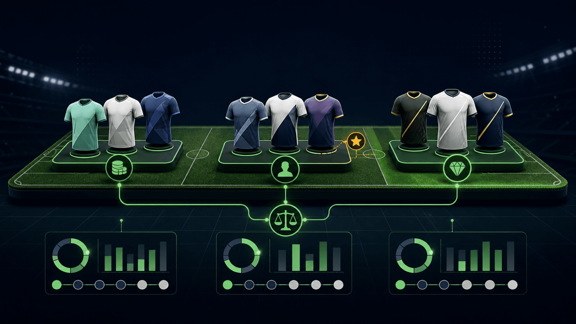 Nine generic football shirts sit on three connected price tiers above fixture and model-data graphics, with an amber emerging-player marker beside the middle tier.
