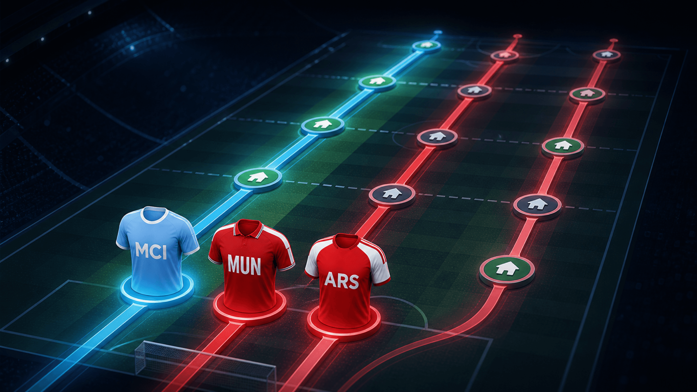 Illustrated MCI, MUN and ARS shirts at the start of three glowing fixture paths across a dark tactical pitch.