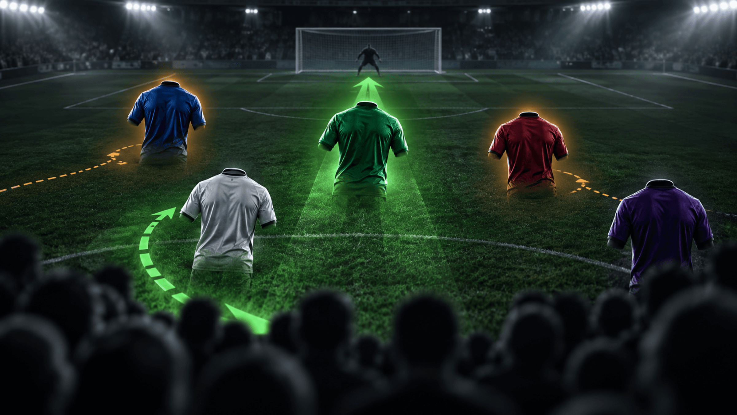 Five generic football shirts emerge from a dark crowd, with green upside lanes and amber risk halos.