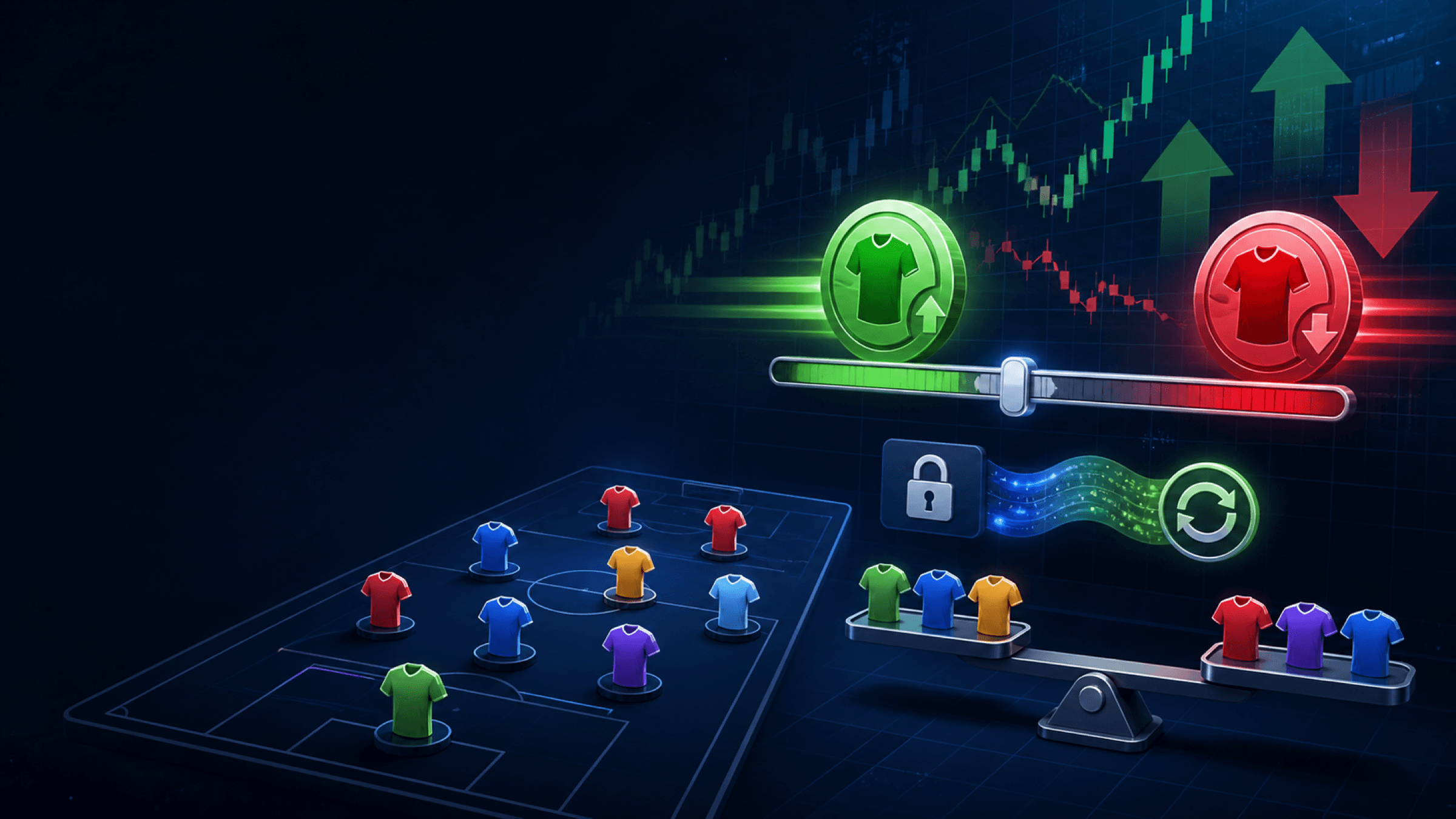 Generic shirt-value tokens, balanced rise and fall arrows and a squad scale sit over a dark market grid.