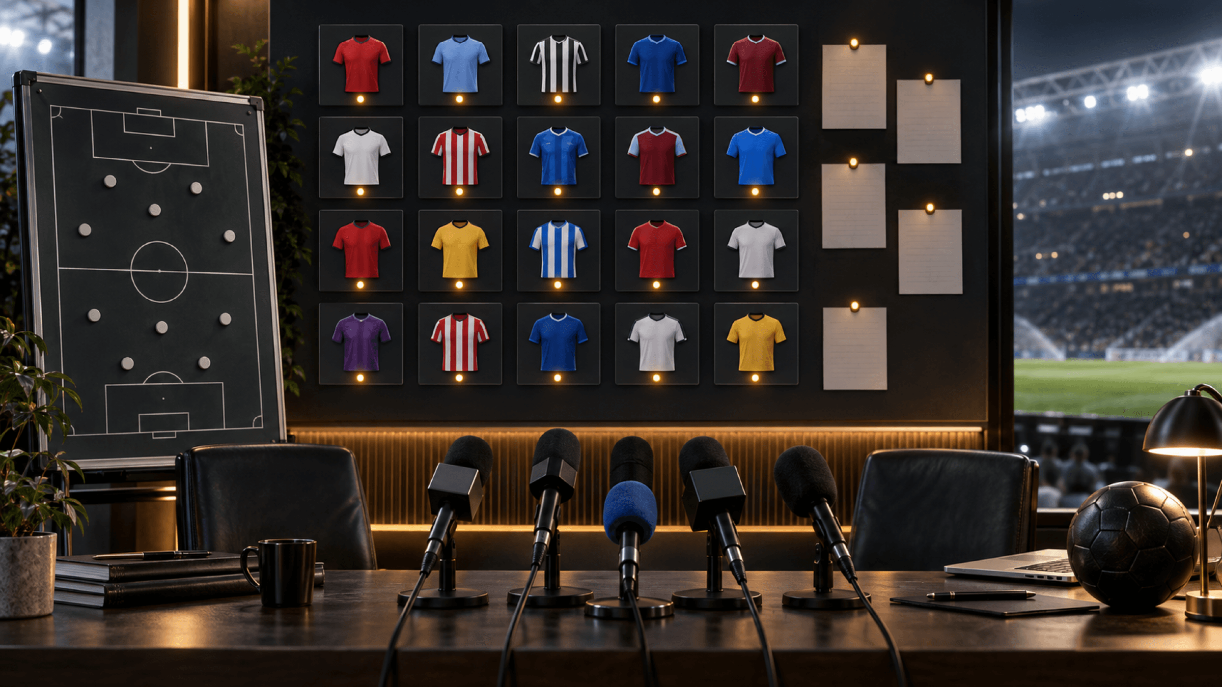 A newsroom desk faces microphones, a tactics board and twenty crestless shirt status tiles glowing amber.