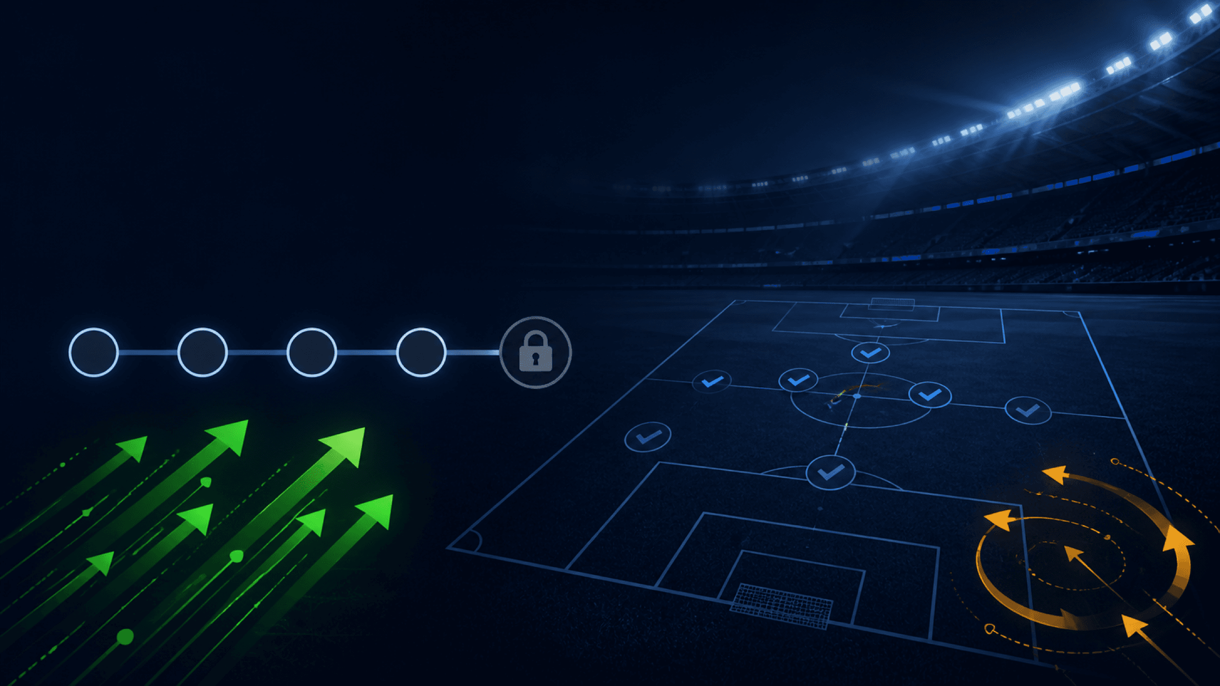 A dark stadium review graphic shows a five-stage evidence line, tactical check marks and green and amber analysis arrows.