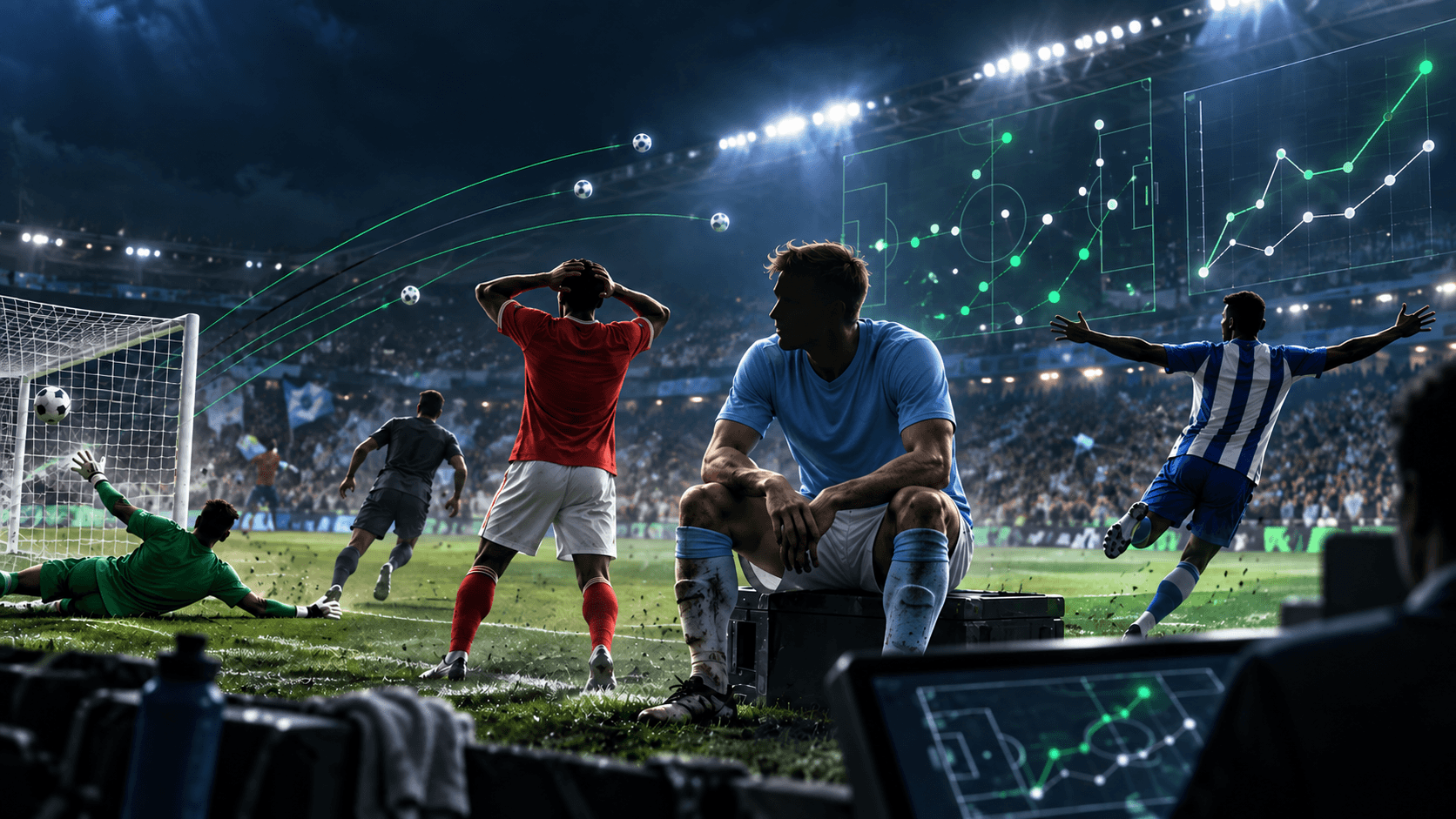 Generic footballers react to a chaotic match under floodlights while green forecast lines cross a tactical stadium display.