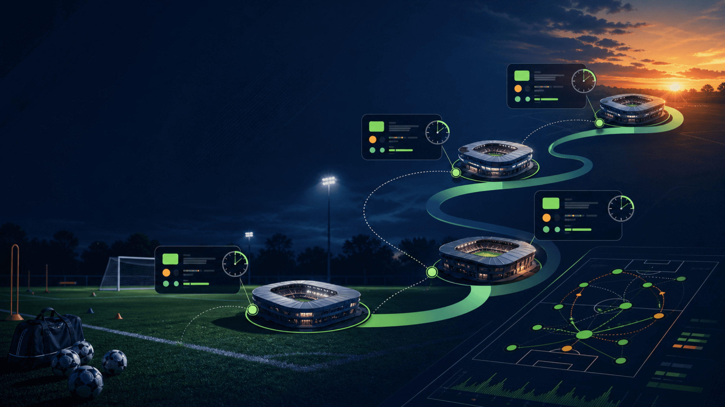 A summer training pitch connects generic stadium and match-status markers along a reporting route.