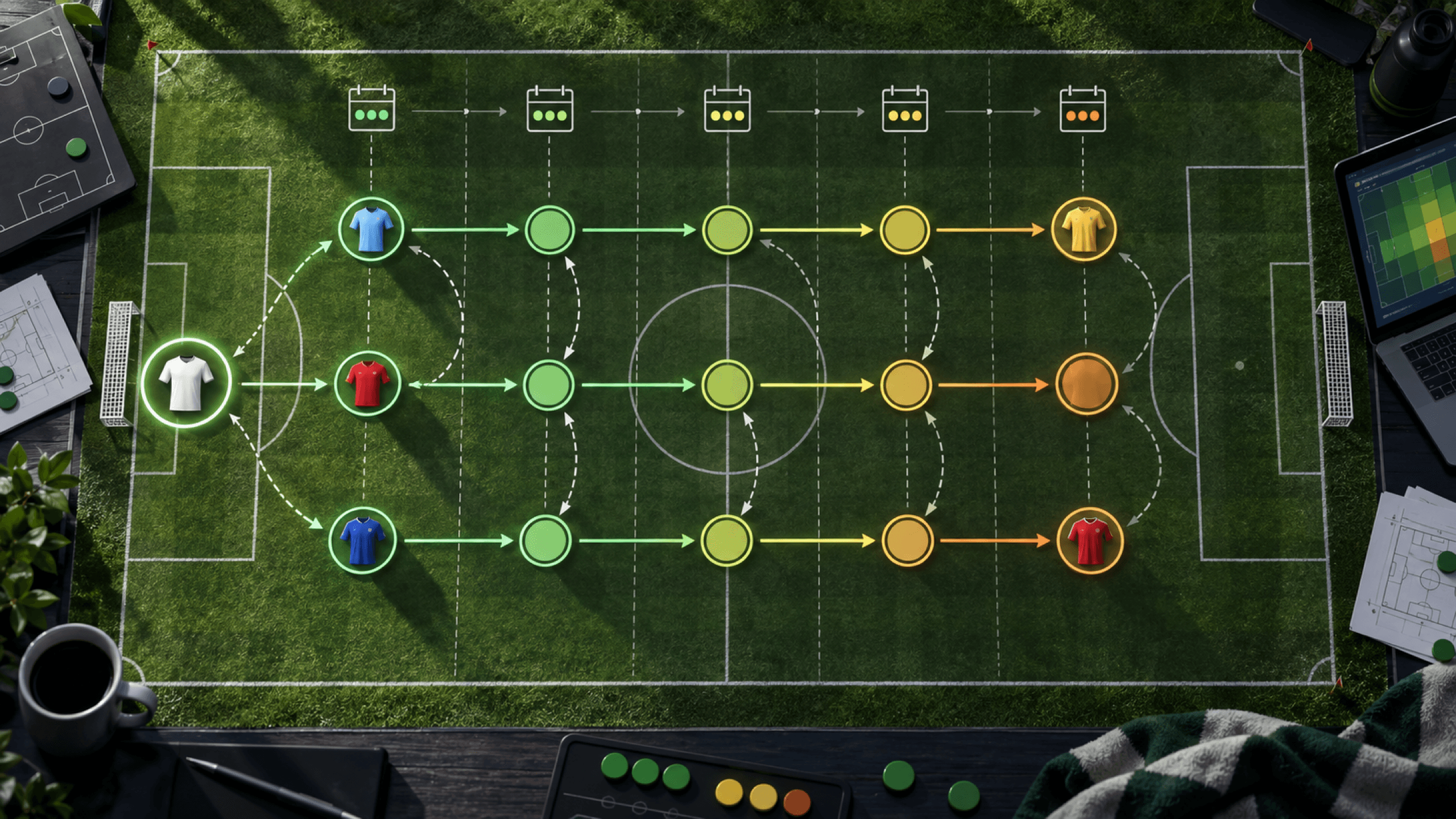 A top-down pitch becomes a five-stage fixture map with branching green-to-amber routes and generic shirts.